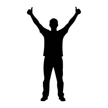 Siyah bir siluet, kollarını başının üstüne kaldırmış ve iki baş parmağını kaldırmış bir insan. Bu figür günlük giysiler giyiyor, tişört ve pantolon gibi görünüyor. Arka plan bembeyaz..