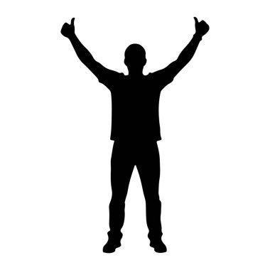 Siyah bir siluet kollarını başının üstüne kaldırmış, her bir el baş parmak işareti yapıyor. Bu figür günlük giysiler giyiyor, tişört ve pantolon gibi görünüyor. Siluet, düz beyaz bir arkaplan üzerine kuruludur.