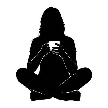 Beyaz bir arka planda bağdaş kurmuş siyah bir siluet. Kişi uzun saçlıdır ve iki eliyle beyaz bir fincan ya da kupa tutar. Kişinin vücudunun ve fincanın ana hatları düz arkaplanda açıkça belirtilmiştir..