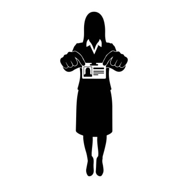 İş kıyafetleri giymiş siyah bir siluet elinde bir kimlik kartı tutuyor. Kartta bir kişinin kafası ve omuzlarının silueti ve metin satırları yer alıyor. Arkaplan beyaz.