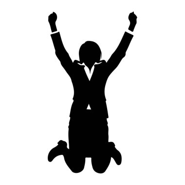 Takım elbiseli bir kişinin siyah bir silueti havada yakalanır, kutlama veya zafer jesti olarak iki kolu da başının üstüne yükselir. Bacakları bükülmüş, bu da atlayışın doruk noktasını gösteriyor. Siluet bir Pla 'ya karşı katıdır.