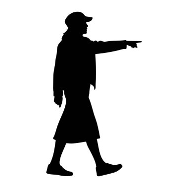 Yan taraftan şapka, ceket, etek ve ayakkabı giyen bir kişinin siyah silueti gösteriliyor. Kişi yürür ve sağ kolunu öne doğru tutar ve hafifçe yukarı doğru, bir yön gösterir. Arkaplan beyaz.