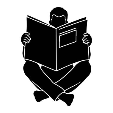 Bacak bacak üstüne atmış siyah bir siluet açık bir kitap okuyor. Kitap ellerinde tutulur ve sayfalar açılır. Görüntü, beyaz arkaplana karşı basit, grafik bir resimdir.