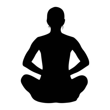 Beyaz bir arka plana karşı bacak bacak üstüne atmış bir kişinin siyah silueti. Elleri dizlerinin üzerinde uzanmış bir şekil öne bakıyor. Siluet açıkça kafa, omuzlar, gövde, kollar ve le 'nin dış hatlarını tanımlar.