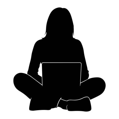 Önünde dizüstü bilgisayarla bağdaş kurup oturan siyah bir siluet. Arka plan beyaz. Siluet basit ve temiz bir grafik gösterimi..