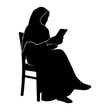 Uzun elbiseli ve tesettürlü siyah bir siluet sandalyede oturuyor. Ellerinde bir tablet ya da kitap tutuyorlar ve okuyor gibi görünüyorlar. Arkaplan beyaz.