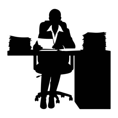 Ofis ortamında bir masada oturan siyah bir siluet. Kişi yakalı bir gömlek ve ceket giyiyor ve elinde bir belge var. Masada iki büyük kağıt yığını var, biri solda ve biri sağda. O kişi... 