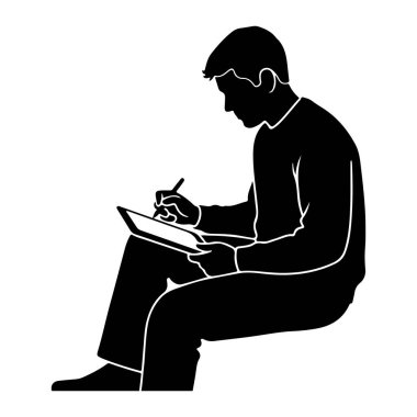 Siyah bir siluet, bir stil ile bir tablet üzerinde oturan ve yazan bir kişi. Yüzü sola dönük, kafası tablete doğru eğilmiş. Görüntü basit ve temiz bir stilde, beyaz hatlar figürü ve t 'yi tanımlıyor.