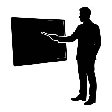 Takım elbiseli bir adamın siyah silueti yuvarlak köşeli büyük, dikdörtgen bir tahtanın sağında duruyor. Tahtaya bakıyor ve sağ elinde sopa benzeri bir nesneyle ona doğru bakıyor. Sol eli cebine tıkıştırılmış. Şey...