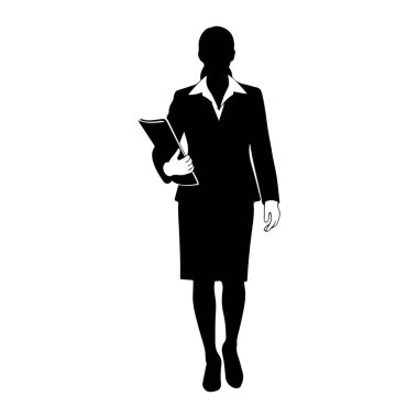 Elinde klasör tutan takım elbiseli bir kadının siyah silueti. O bir ceket, etek ve yakalı gömlek giyiyor. Saçları at kuyruğu şeklinde geri çekiliyor. Siluet beyaz bir arkaplanda izole edilmiş..