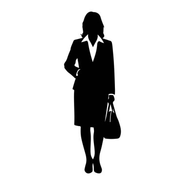 Siyah bir kadın silueti beyaz bir arkaplanda duruyor. Resmi bir takım elbise, ceket, etek ve yakalı bir bluz giyiyor. Sol eli kalçasına yerleştiriliyor ve sağ elinde bir el çantası tutuyor. Bacakları birleşti.