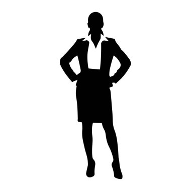 Siyah bir kadın silueti, elleri kalçasında güvenle ayakta duruyor. O bir ceket, yakalı bir bluz ve bir etekten oluşan resmi bir iş elbisesi giyiyor. Saçları at kuyruğu şeklinde geri çekiliyor. Görüntü beyaz bir sırt sırtında izole edilmiş.