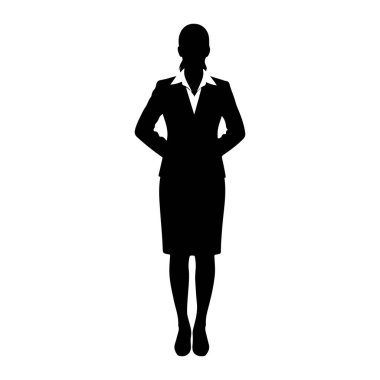 Beyaz arka planda duran siyah bir kadın silueti. O, ceket, etek ve yakalı bluzdan oluşan resmi bir iş elbisesi giyiyor. Elleri arkasına yerleştirilmiş. Görüntü temiz, basit bir vektör grafiği.