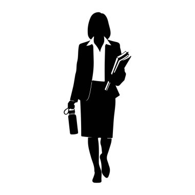 Bir elinde kitap yığını, diğer elinde su şişesi olan takım elbiseli bir kadının siyah silueti. Beyaz bir arka planda ileri doğru yürürken tasvir ediliyor. Takım elbise bir ceket, etek ve yakalı bir bluzdan oluşur..