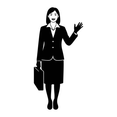 Siyah-beyaz bir illüstrasyon, ayakta duran ve el sallayan profesyonel bir kadın tasvir ediyor. O, etekli bir takım elbise ve yakalı bir bluz giyiyor. Sol elinde bir evrak çantası tutuyor. Sağ eli el sallayarak yükseliyor..