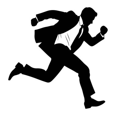 Takım elbiseli ve kravatlı bir adamın siyah silueti ileri doğru koşan orta adımlarla tasvir edilir. Vücudu açılı, bir bacağı arkaya uzanıyor ve diğeri öne eğiliyor, hareket ve hız hissi veriyor. Beyaz arka plan figürü izole eder.