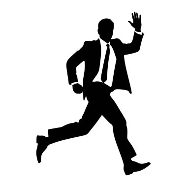 Takım elbiseli ve kravatlı bir adamın siyah silueti, sağ kolu havada ve el sallayarak koşan orta adımda tasvir edilir. Şekil, düz beyaz bir arkaplanda izole edilmiştir..