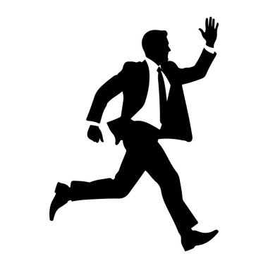 Takım elbiseli ve kravatlı bir adamın siyah bir silueti hareket halinde tasvir edilir, ileri doğru koşar gibi görünür. Sağ kolu havada ve eli açık, sanki el sallıyor ya da işaret veriyor gibi. Arkaplan düz beyaz.