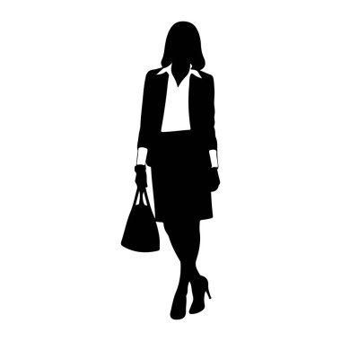 Siyah bir kadın silueti beyaz bir arkaplanda duruyor. O, beyaz yakalı bir gömlek, siyah bir ceket ve siyah bir etek de dahil olmak üzere profesyonel iş kıyafeti giyiyor. Yüksek topuklu ayakkabıları var ve sol elinde siyah bir çanta tutuyor.