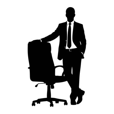 Takım elbiseli ve kravatlı siyah bir adam silueti ofis sandalyesine yaslanmış duruyor. Adamın bir eli sandalyenin arkasında dinleniyor, diğer eli de cebinde. Bacak bacak üstüne atmış. Ofis sandalyesi tekerli bas ile modern bir tasarım.