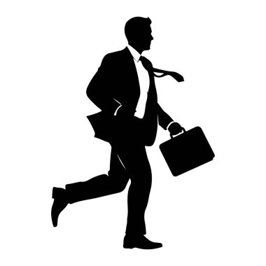 Takım elbiseli ve kravatlı bir işadamının siyah silueti elinde bir evrak çantasıyla hareket halinde tasvir ediliyor. Taraftan bakıldığında beyaz bir arkaplan karşısındaki figür, aciliyet duygusunu ya da hareket halindeki meşgul bir profesyoneli yansıtıyor..