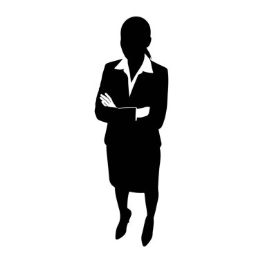 Profesyonel kıyafetli bir kadının siyah silueti kollarını beyaz bir arka plana bağlamış duruyor. Takım elbise, etek ve yakalı bir bluz giyiyor. Saçları at kuyruğu şeklinde. Görüntü tüm vücudun görüntüsüdür, vurgular.