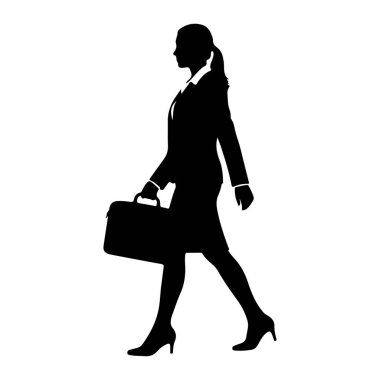 Profesyonel kıyafetli, takım elbiseli, etekli ve topuklu ayakkabılı bir kadının siyah silueti elinde evrak çantasıyla yürüyor. Saçları at kuyruğu şeklinde geri çekiliyor. Siluet beyaz bir arkaplanda izole edilmiş, hareket hissi veriyor.