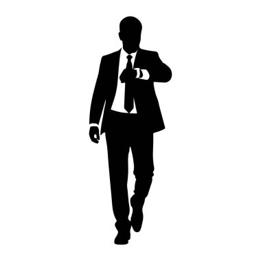 Beyaz arka planda takım elbiseli ve kravatlı bir adamın siyah silueti tasvir edilir. Belden yukarısına, sol elini kravatına doğru kaldırmış, ayarlıyor gibi görünüyor. Sola doğru hafif bir eğimle, figür öne bakıyor. Şey... 