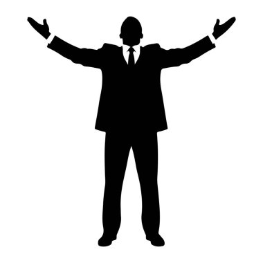 Takım elbiseli ve kravatlı bir adamın siyah silueti kollarını uzatmış ve yukarı kaldırmış bir şekilde duruyor. Şekil beyaz bir arkaplanda izole edilmiştir..