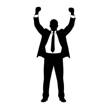 Takım elbiseli ve kravatlı bir adamın siyah silueti kutlama için kollarını kaldırmış duruyor. Şekil beyaz bir arkaplanda izole edilmiştir. Takım elbise ceketi açık, beyaz bir gömlek ve siyah bir kravat gösteriyor. Adamın yumrukları dişlerinin arasından sıkıca kavrulmuş.