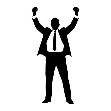 Siyah bir siluet. Takım elbiseli ve kravatlı bir adam. Bir kutlama jesti olarak kolları havada. Şekil düz beyaz bir arkaplanda duruyor..