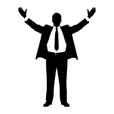 Takım elbiseli ve kravatlı bir adamın siyah silueti kollarını yukarı ve dışarı kaldırarak beyaz bir arka plana karşı duruyor. Elleri açık bir şekilde, figür öne bakıyor..