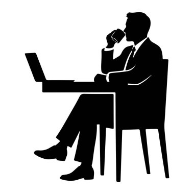 Takım elbiseli ve kravatlı bir adamın siyah silueti elinde dizüstü bilgisayarla masada oturuyor. O, dudaklarına bir kupa tutuyor, ondan su içiyor gibi görünüyor. Oturduğu sandalye de siluetle resmedilmiş..