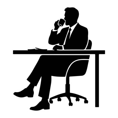 Takım elbiseli ve kravatlı bir adamın siyah bir silueti masada oturuyor, dudaklarına bardak dayayıp içiyor. Tekerlekli bir ofis sandalyesinde oturuyor. Bir belge ya da kitap onun önündeki masanın üzerinde duruyor. Arkaplan düz beyaz.