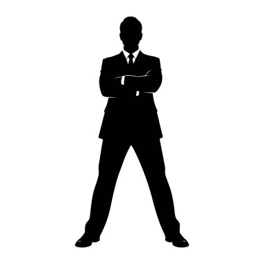 Siyah bir adam silueti kollarını kavuşturmuş duruyor. O, resmi bir takım elbise, kravat ve yakalı bir gömlek giyiyor. Siluet beyaz bir arkaplanda izole edilmiş. Adamın duruşu kendinden emin ve profesyonel görünüyor..