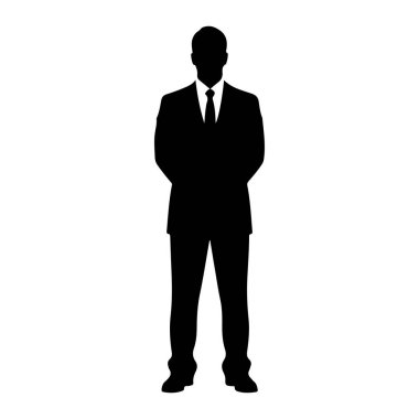 Dik duran bir adamın siyah silueti. O, resmi bir takım elbise, yakalı bir gömlek ve bir kravat giyiyor. Elleri arkasından sıkıca bağlanmış. Arka plan bembeyaz..