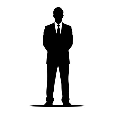 Siyah silueti olan bir adam öne bakıyor. O, resmi bir takım elbise, yakalı bir gömlek ve bir kravat giyiyor. Siluet beyaz bir arkaplanda izole edilmiş..