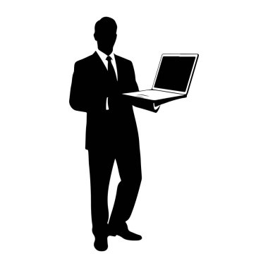 Takım elbiseli ve kravatlı bir adamın siyah silueti açık bir dizüstü bilgisayar tutuyor. Adam ileriye bakıyor ve dizüstü bilgisayar onun önünde uzanıyor. Arkaplan düz beyaz.