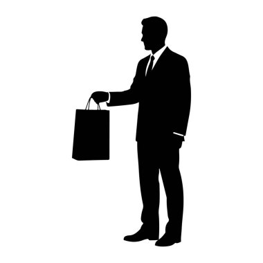 Takım elbiseli ve kravatlı bir adamın siyah silueti profilde duruyor, sağ elinde siyah bir alışveriş çantası var. Arkaplan düz beyaz.