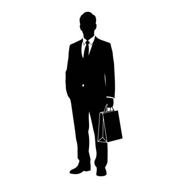 Takım elbiseli ve kravatlı bir adamın siyah silueti sağ elinde bir alışveriş çantası tutuyor. Adam sol eli cebinde ileri doğru bakıyor. Alışveriş çantasının kulpları ve basit bir taslağı var. Arka plan bembeyaz..