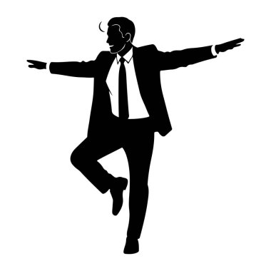 Siyah bir siluet. Takım elbiseli bir adam. Kolları yanlara doğru açık. O bir bacağı üzerinde duruyor ve diğeri dizine eğilmiş. O bir kravat ve beyaz bir gömlek giyer. Siluet beyaz bir arkaplanda izole edilmiş..