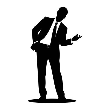 Siyah bir siluet beyaz bir arkaplanda duruyor. Ceketi, pantolonu, yakalı gömleği ve kravatı olan resmi bir takım elbise giyiyor. Kafası aşağı ve yana doğru eğik, ve bir eli hafifçe yayılmış bir şekilde uzanıyor. 