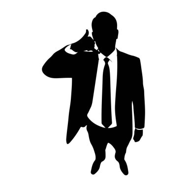 Takım elbiseli ve kravatlı bir adamın siyah silueti beyaz arka planda duruyor. Elini kulağına, başparmağını da ağzına dayayıp bir telefon konuşması yaptığını gösteren bir jest yapıyor. Görüntü, b 'deki bir kişinin net ve grafik gösterimidir.