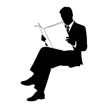 Takım elbise giyen ve kravat takan bir adamın siyah silueti açık bir gazete okurken resmedilir. Şekil beyaz bir arkaplanda izole edilmiştir. Adamın bacakları çapraz ve okuduğu sırada elleri gazeteyi tutuyor..