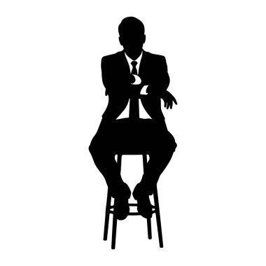 Takım elbiseli ve kravatlı bir adamın siyah silueti kollarını kavuşturup bacak bacak üstüne atmış bir taburede oturuyor. Arkaplan beyaz.