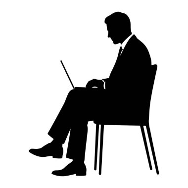 Takım elbiseli ve kravatlı siyah bir adam silueti sandalyede oturuyor ve dizüstü bilgisayar kullanıyor. Adam yüzünü sola çevirdi, başını dizüstü bilgisayara doğru eğdi. Bacak bacak üstüne atmış ve elleri klavyede dinleniyor. Geri kafalı.