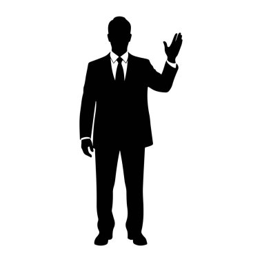 Resmi takım elbiseli ve kravatlı bir adamın siyah silueti beyaz arka planda duruyor. O, sağ elini sallayarak öne doğru bakıyor. Silüet açıkça takım elbisesini, pantolonunu, gömleğini, kravatını ve ayakkabılarını tanımlıyor..