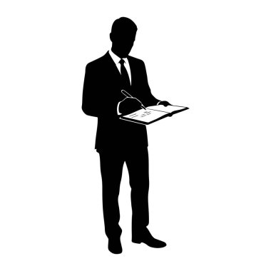 Takım elbiseli ve kravatlı bir adamın siyah silueti açık bir kitapta kalemle duruyor ve yazıyor. Arkaplan düz beyaz.