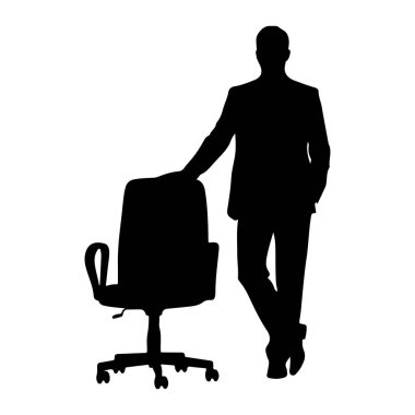 Takım elbiseli bir adamın siyah silueti bir ofis sandalyesine yaslanıyor. Adam bir bacağı diğerinin üzerinde çapraz duruyor ve eli sandalyenin arkasında dinleniyor. Ofis sandalyesi tekerlekli ve arkası yüksek. Arka plan plai.