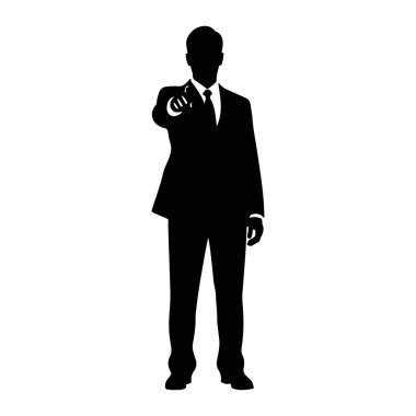 Takım elbiseli ve kravatlı bir adamın siyah bir silueti, işaret parmağını doğrudan izleyiciye doğrultuyor. Şekil beyaz bir arkaplanda izole edilmiştir..